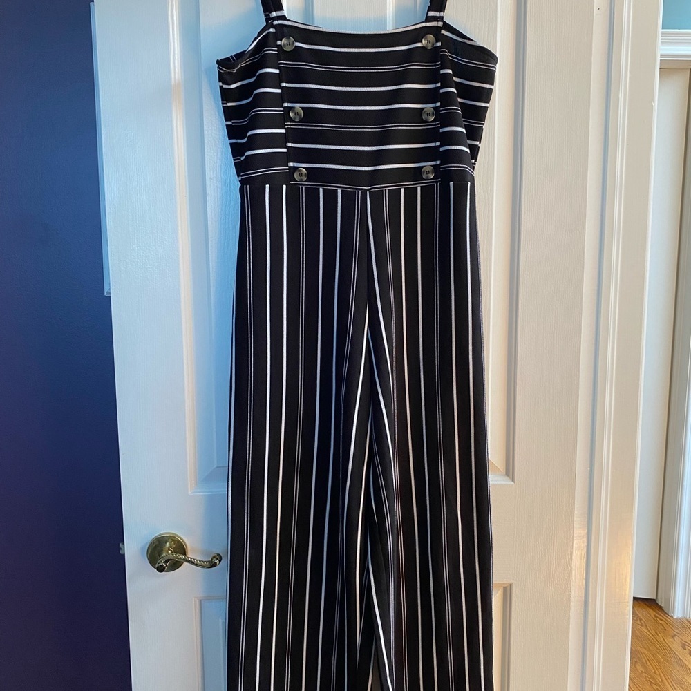 Stripped wide leg jumpsuit with straps